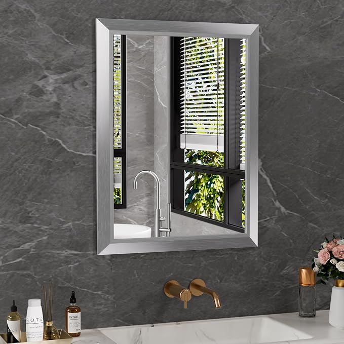 Bathroom Mirror for Wall, 24x32 Inch (Brushed Silver) | HD Reflection, Tempered Glass, Thick Metal Framed Rectangle Mirrors for Over Sink, Bedroom, Living Room, Entryway, Anti-Rust