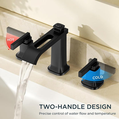 FORIOUS Bathroom Faucet 3 Hole Widespread Sink Faucets Matte Black | 3-hole 4-12 Inch Widespread Sink, Square Waterfall Spout, with Drain and Hoses,for Vanity Rv Commercial Lavatory Restroom