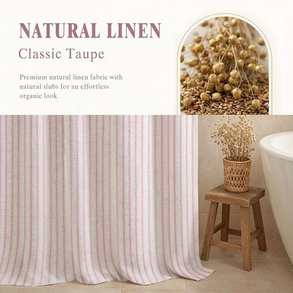 Farmhouse Striped Shower Curtain Pink Vintage Linen Curtain 72"W X 72"L | Striped Shower Curtains with Linen Texture for Bathroom Decor