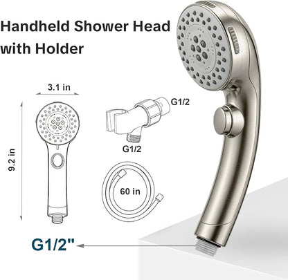 OFFO Shower Head with Handheld, 5 Mode Handheld Shower Head with On Off Switch for Water Saving, High Flow Powerful Boosting Showerheads with 60" Stainless Steel Hose & Holder, Brushed Nickel