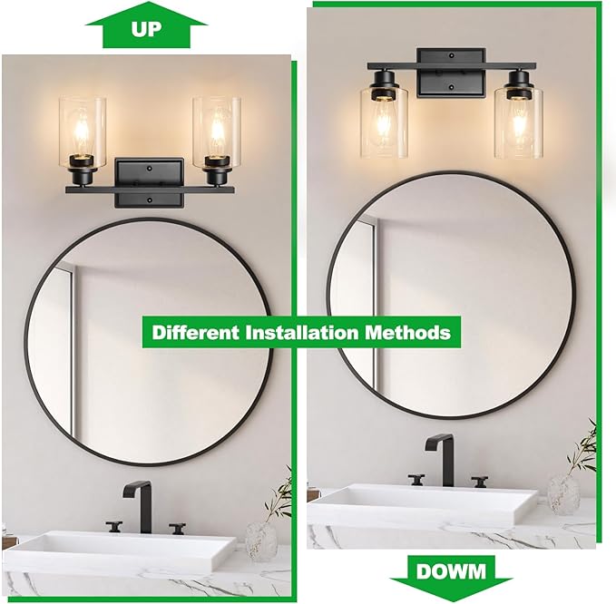 Unicozin 2 Light Bathroom Light Fixtures, Modern Vanity Lights Over Mirror, Black Wall Lamp with Clear Glass for Living Room Cabinet Bedroom Porch
