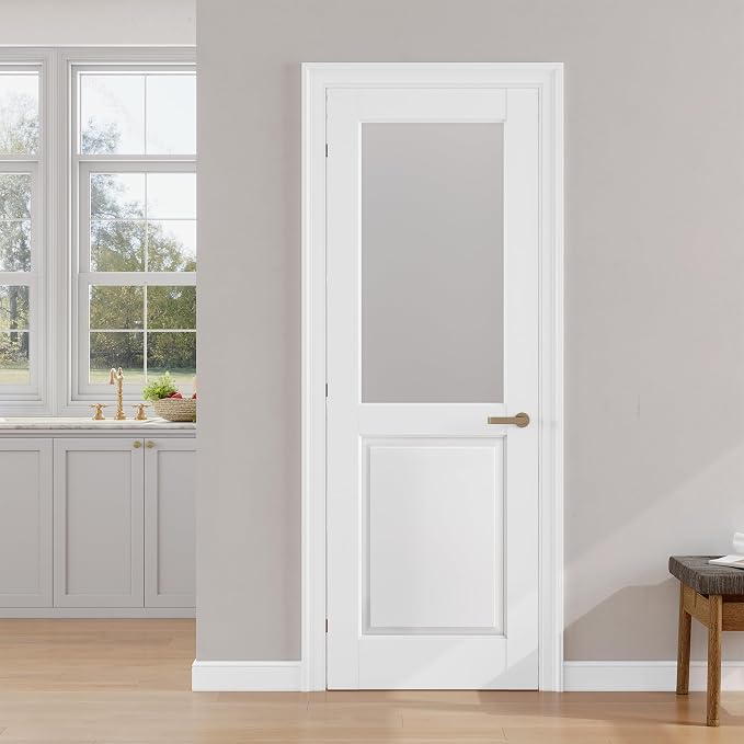 SMARTSTANDARD 28" x 80" Frosted Glass Interior Door Slab, Solid Core | Pre-Assembled French Slab Door for Pantry Laundry Closet Bathroom, without Hardware, White Primed, Paintable Surface