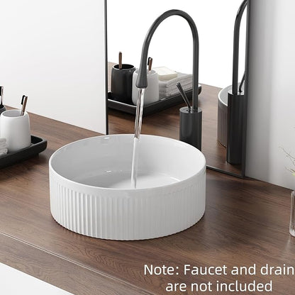 Round Vessel Sink 14 Inch Above Counter - White Ceramic Countertop Bathroom Sink, 14" x 14" Modern Vanity Art Basin Porcelain Hand Wash Basin