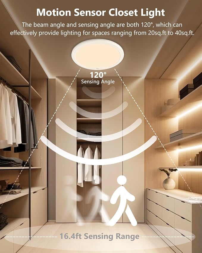Rechargeable Motion Sensor Ceiling Lights for Hallway, Bathroom (Round) | Magnetic Mount Dimmable Closet Light with Remote, 7000mAh Battery Operated, 3 Color Modes, Wireless Installation