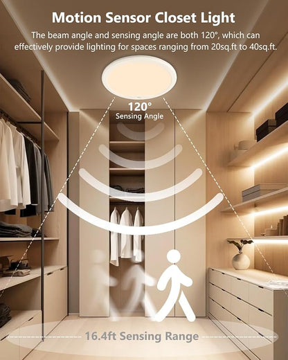 Rechargeable Motion Sensor Ceiling Lights for Hallway, Bathroom (Round) | Magnetic Mount Dimmable Closet Light with Remote, 7000mAh Battery Operated, 3 Color Modes, Wireless Installation
