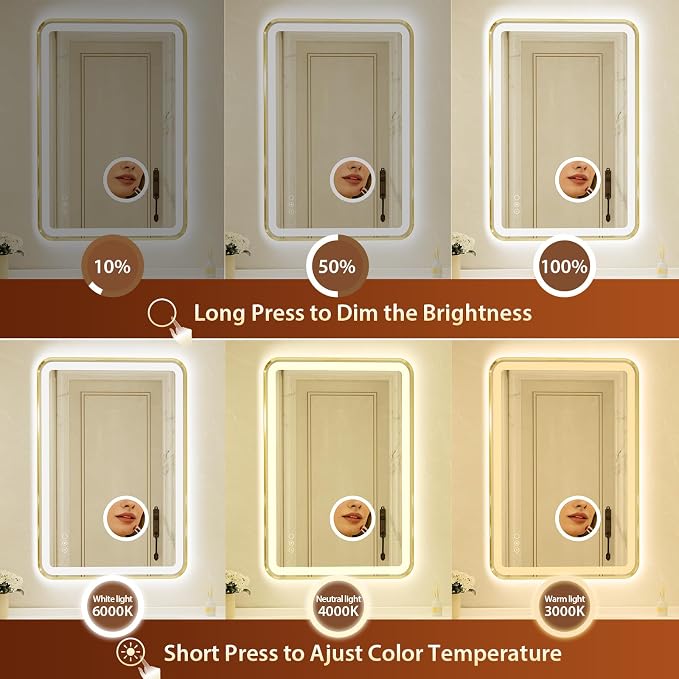 24x36 Inch Gold Framed LED Bathroom Mirror with Lights,Magnifying Tempered Glass,Dimmable Lighted Bathroom Vanity Mirror with 3 Colors, Backlit + Frontlit, Anti-Fog