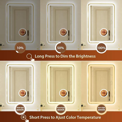 24x36 Inch Gold Framed LED Bathroom Mirror with Lights,Magnifying Tempered Glass,Dimmable Lighted Bathroom Vanity Mirror with 3 Colors, Backlit + Frontlit, Anti-Fog