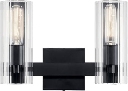 Kichler Jemsa 2 Light Vanity, Modern Light with Clear Fluted Glass in Black for Bathroom or Powder Room (9.75" x 13.75"), 55167BK