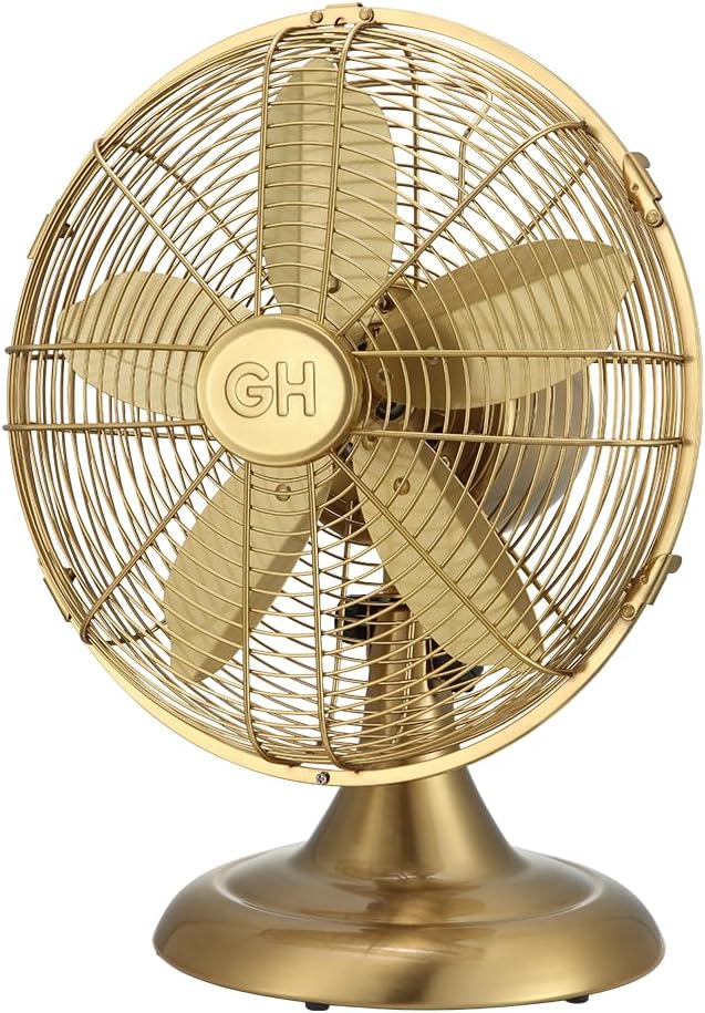 Good Housekeeping 92613 All-Metal 12" Retro Desk Office Table Fan with Wide Oscillation, 3-Speed Settings & Carrying Handle, Satin Brass
