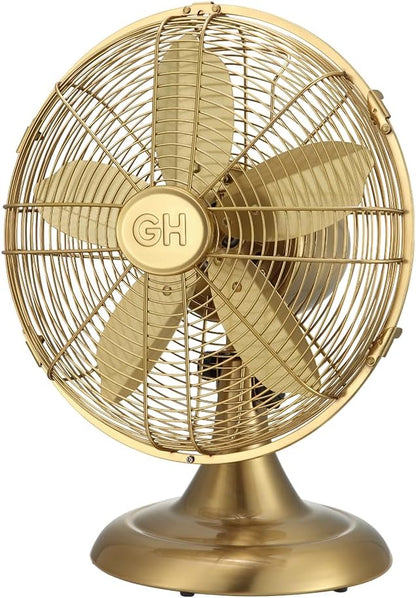 Good Housekeeping 92613 All-Metal 12" Retro Desk Office Table Fan with Wide Oscillation, 3-Speed Settings & Carrying Handle, Satin Brass