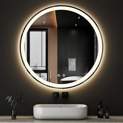DUMOS 36 Inch Round LED Bathroom Mirror with Lights, Circle Vanity Mirror | Anti-Fog, Dimmable, 3-Color Light, Front Light and Backlit, Memory Function, Tempered Glass