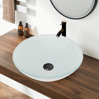 16.5" White Glass Vessel Sink with Faucet and Drain – Modern Round Countertop Bathroom Sink Bowl, Transparent Above Counter Vanity Basin for Small Spaces