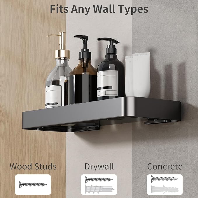 12-Inch Wall Shelf, Clear Tempered Glass with Matte Black Aluminum Frame – Versatile Floating Bathroom Organizer