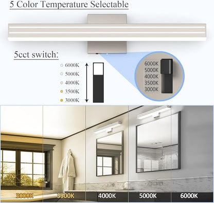 Ralbay 24inch Brushed Nickel Vanity Light with 5 Color Temperature (2700K-6000K) Dimmable Acrylic Metal 24W LED Modern Bathroom Vanity Light Bar