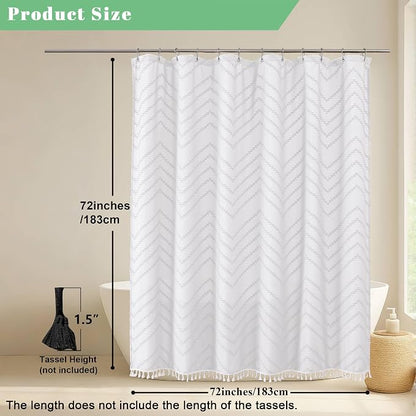 Boho Shower Curtain, White Fabric Cloth Shower Curtains Farmhouse Tufted Chevron Striped Textured with Tassel for Bathroom, Soft Hotel Style Modern Minimalist, Machine Washable, 72x72, White