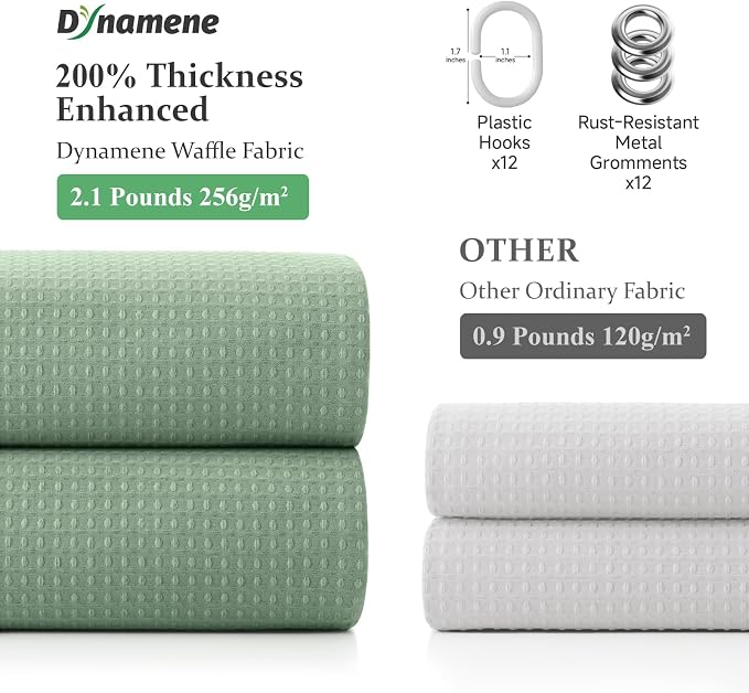 Stall Waffle Shower Curtain 256 GSM Heavy Fabric 48x72 Sage Green | 48 Inch Wide, Thick Cloth, Weighted Hem, Water Repellent, Hotel Luxury Polyester Shower Curtain Set for Bathroom 8 Hooks