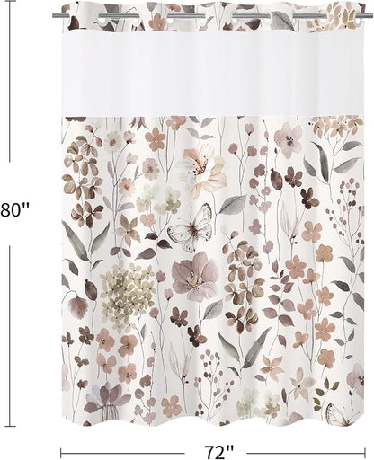 Litabel No Hook Brown Watercolor Floral Shower Curtain and Liner Set, 72x80 | Spring Flower Shower Curtains with Snap-in Liner for Farmhouse Bathroom Decor, Botanical Bathroom Curtain with Leaves