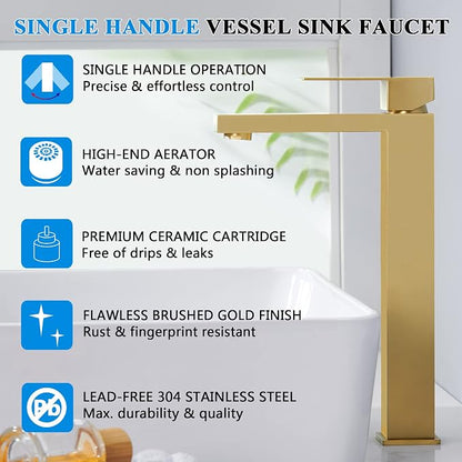 Tohlar Gold Bathroom Faucet, Single Hole Vanity Sink Faucet with Drain | Brushed Gold Bathroom Sink Faucet, Single Handle Faucet with Pop Up Drain and Water Supply Lines, Stainless Steel