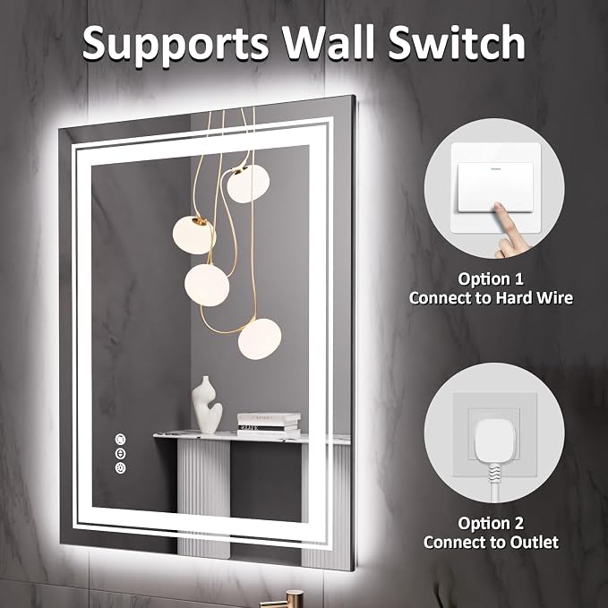 Snowdool 28 x 20 in LED Bathroom Mirror, Front and Backlit, Anti-Fog | Front and Backlit, Stepless Dimming, Anti-Fog, Memory Function
