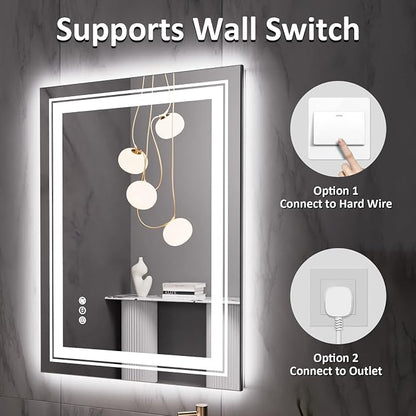 Snowdool 28 x 20 in LED Bathroom Mirror, Front and Backlit, Anti-Fog | Front and Backlit, Stepless Dimming, Anti-Fog, Memory Function