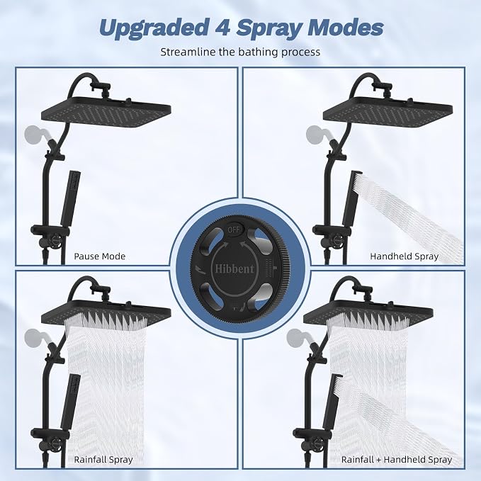 Hibbent 5-Mode 13" Rain Shower head, 4-Spray Handheld Shower, Matte Black | cUPC Certified High Pressure Showerhead Combo, All Metal 4-way Diverter Extension Arm & Handheld Spray, 71'' Hose & Holder