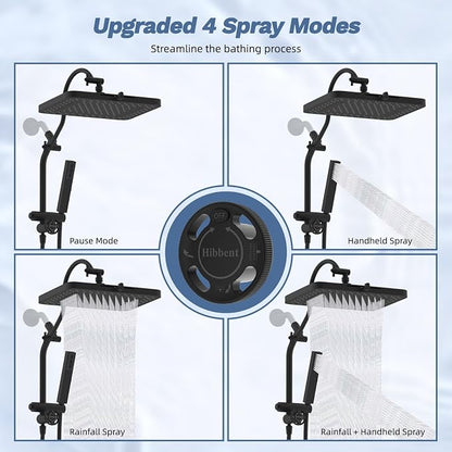 Hibbent 5-Mode 13" Rain Shower head, 4-Spray Handheld Shower, Matte Black | cUPC Certified High Pressure Showerhead Combo, All Metal 4-way Diverter Extension Arm & Handheld Spray, 71'' Hose & Holder
