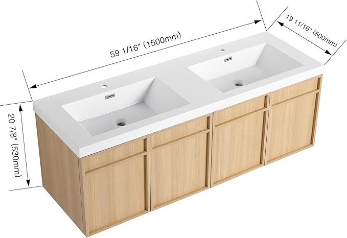 60" Wall Mounted Bathroom Vanity - Floating Bathroom Vanity with Double Resin Sink, 4 Soft Closing Doors, Original Oak Plywood (KD-Packing)