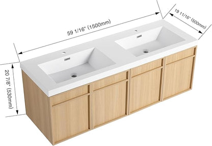 60" Wall Mounted Bathroom Vanity - Floating Bathroom Vanity with Double Resin Sink, 4 Soft Closing Doors, Original Oak Plywood (KD-Packing)