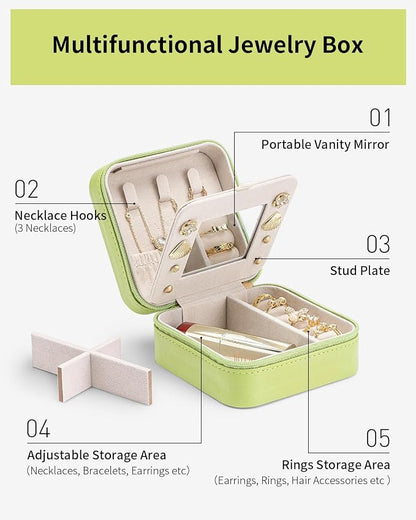 VLANDO Travel Jewelry Case with Mirror, Storage 3 Pairs of Stud Earrings | Necklace Hook for Anti-tangle, Removable Dividers, Waterproof PU Leather,Portable Storage for Rings, Necklace Gifts for Women