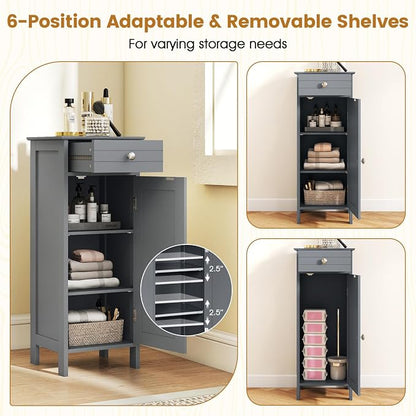 Giantex 34.5" Bathroom Cabinet with Drawer & Single Door (Grey) | Narrow Side Storage Organizer with 6 Shelf Positions, Freestanding Floor Storage Cabinet for Bathroom, Living Room, Entryway