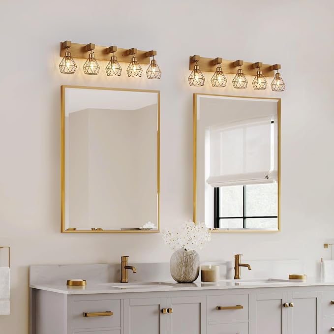 maesta 5 Light Bathroom Vanity Light, Farmhouse Gold Fixture Over Mirror | Farmhouse Bathroom Light Fixtures, Wood & Metal, Anti-Rust, Easy to Install for Rustic Bathroom Hallway