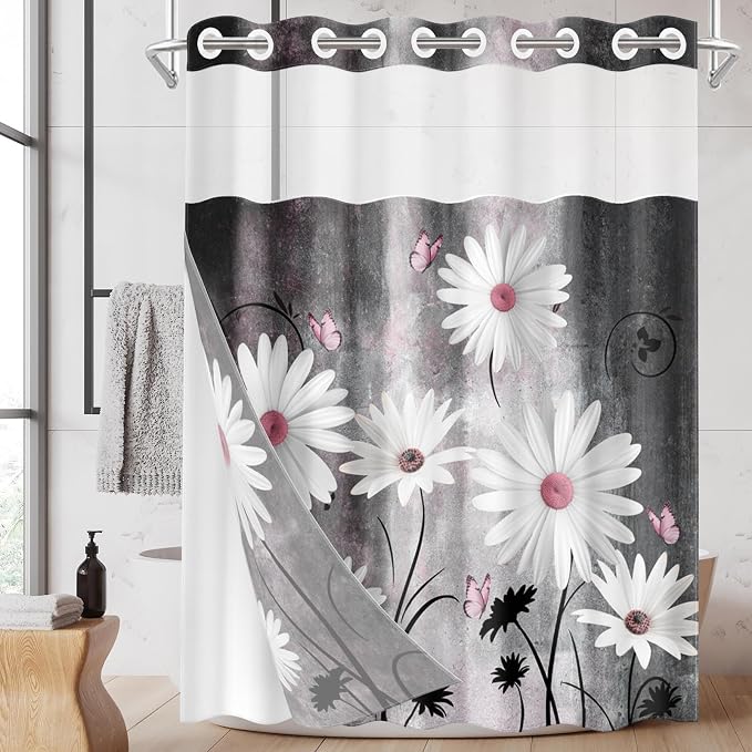 No Hook Shower Curtain with Snap in Liner 71x74 Inch Daisy Grey | Farmhouse Pink Butterfly Modern Double Layers Waterproof Fabric with See Through Top Window Open Grommet Bath Curtain