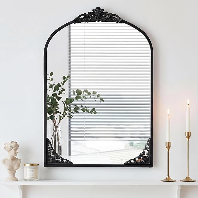Vintage Arched Mirror 26x38 Inch Black Bathroom Mirror Antique Ornate Baroque Mirror for Living Room Entryway Bathroom Fireplace