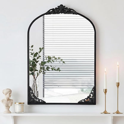 Vintage Arched Mirror 26x38 Inch Black Bathroom Mirror Antique Ornate Baroque Mirror for Living Room Entryway Bathroom Fireplace