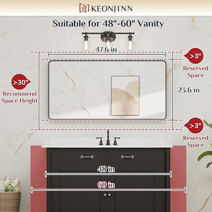 Keonjinn 48 x 24 Inch Brushed Nickel Bathroom Vanity Mirror, Aluminum Frame | HD Tempered Glass, Silver Bathroom Mirrors for Over Sink, Rust-Resistant, Rounded Rectangle, French Cleat Mount, Home Décor