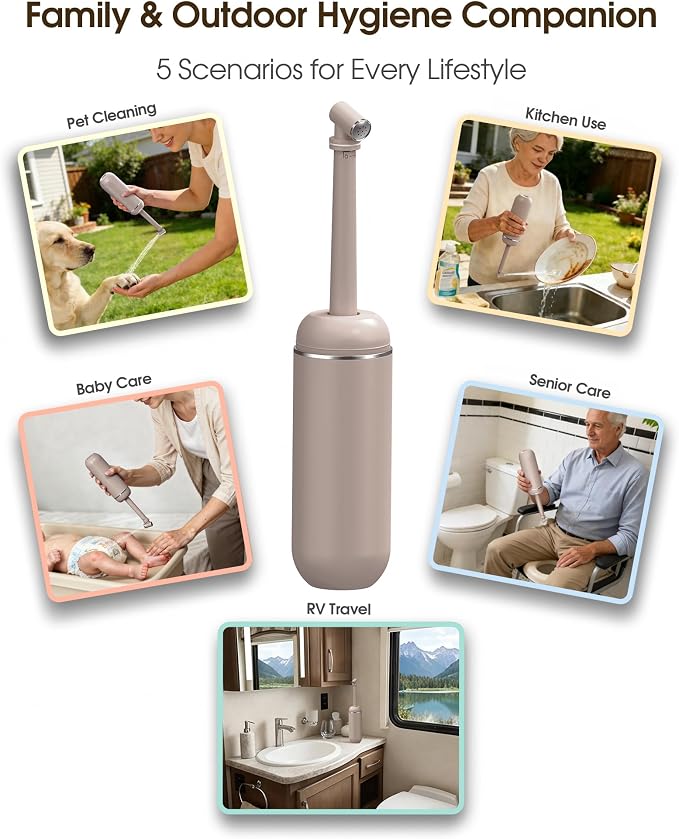 Portable Bidet for Travel & Camping - Manual Squeeze Peri Bottle Handheld | 3 Leak-Proof Seals | BPA-Free | Feminine Hygiene Care | Postpartum | Extendable Sprayer with Nozzle | for Men&Women-Khaki