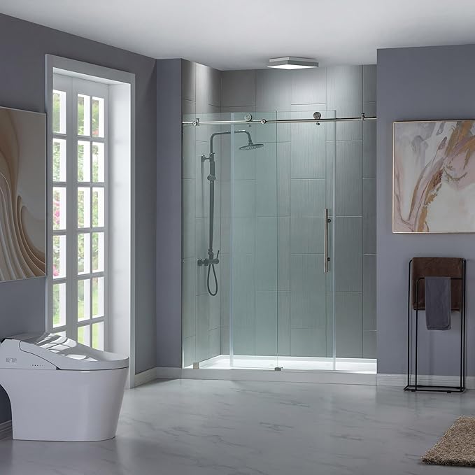 WOODBRIDGE 44-48"Wx76"H Frameless Shower Door,3/8(10mm)Clear Tempered Glass with Explosion-Proof Film, Brushed Nickel Finish with Smooth Closing Design