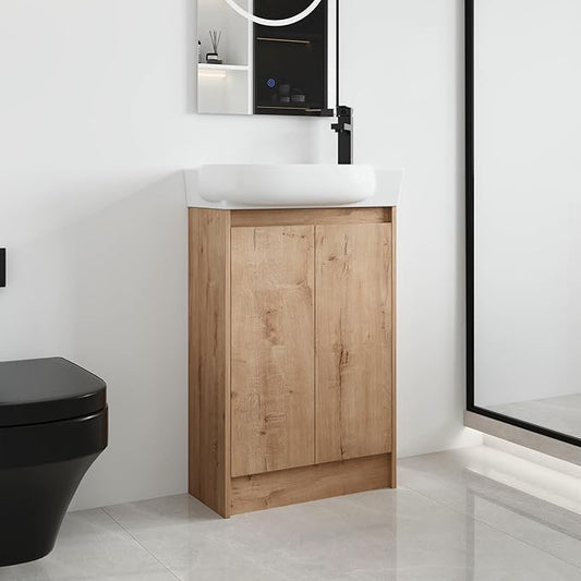 Malwee 23 Inch Freestanding Bathroom Vanity with Sink, 23'' Floor Stand Single Sink Bathroom Vanity Combo, Modern Brwon Cabinet Set with 2 Doors and Ceramics Basin Top, Ajustable Shelf.MA02923IMOX