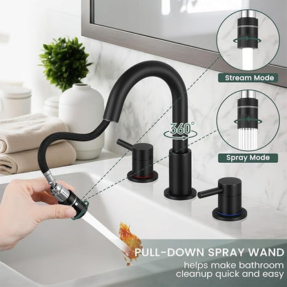 Pull Down Bathroom Faucet for Sink 3 Hole,8 inch Widespread Oil Rubbed Bronze Bathroom Sink Faucet with Pop Up Drain, Water Supply Hoses