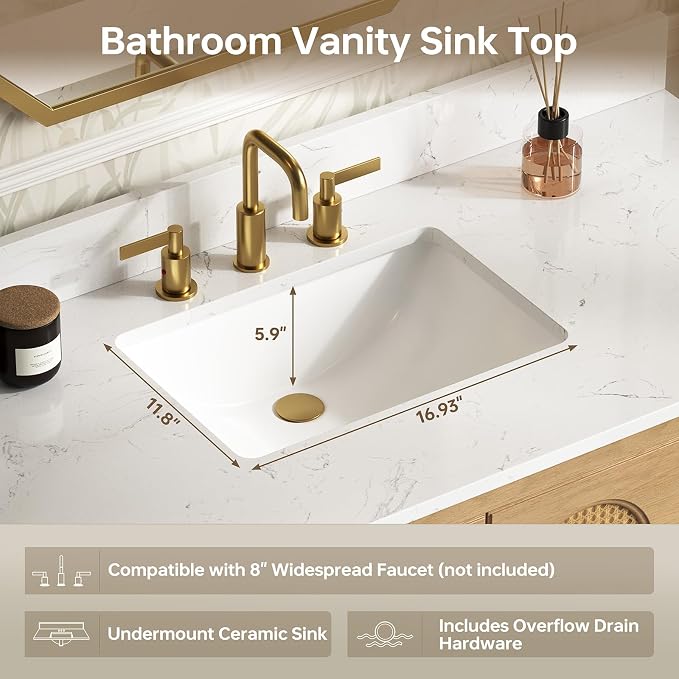 48 Inch Bathroom Vanity with Sink, Fully Assembled, Light Oak | Solid wood frame vanity with rattan details, gold hardware, 4 full-extension soft-close drawers, and adjustable feet