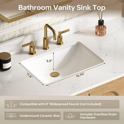 48 Inch Bathroom Vanity with Sink, Fully Assembled, Light Oak | Solid wood frame vanity with rattan details, gold hardware, 4 full-extension soft-close drawers, and adjustable feet