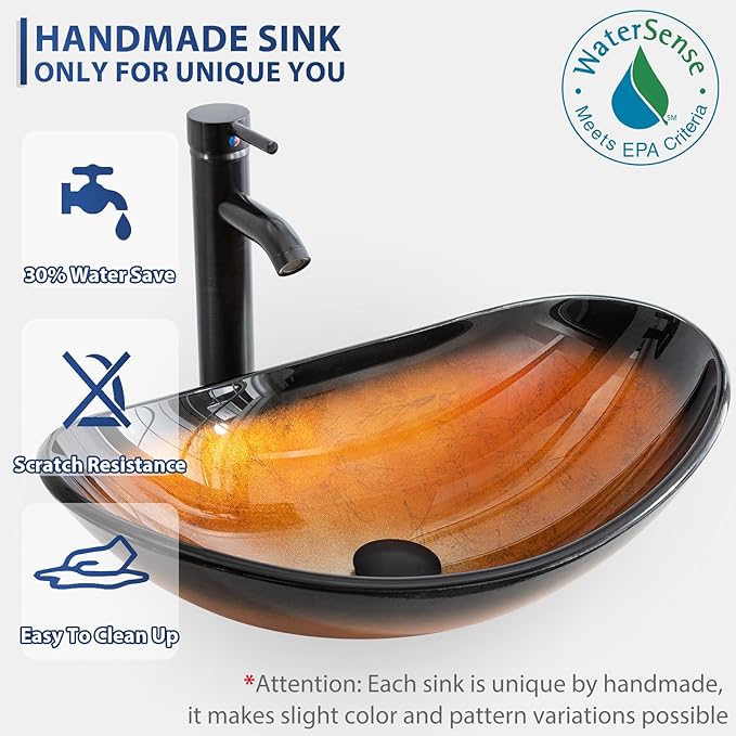 eclife 24" Floating Bathroom Vanities with Sink Combo, Wall Mounted Modern Cabinet W/Diamond Line Pattern Design, Brown Boat Glass Vessel Sink W/Water Save Faucet & Pop Up Drain, Black