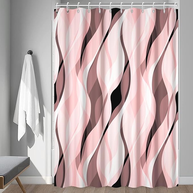 Pink Shower Curtain, Modern Abstract Pink and Grey Striped Shower Curtain Set for Bathroom Waterproof Shower Curtain with Hooks, 72x72 Inch