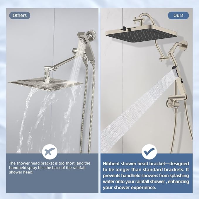 Hibbent 5-Mode 13" Rain Shower head, 4-Mode Handheld Shower, Brushed Nickel | cUPC Certified High Pressure Showerhead Combo, All Metal 4-way Diverter Extension Arm & Handheld Spray, 71'' Hose & Holder