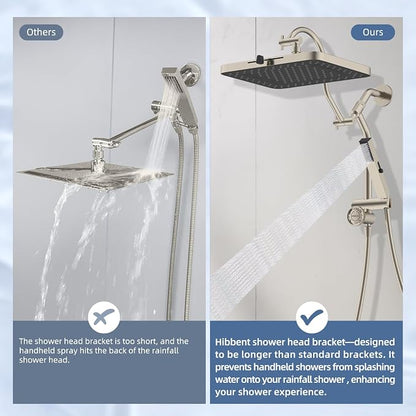 Hibbent 5-Mode 13" Rain Shower head, 4-Mode Handheld Shower, Brushed Nickel | cUPC Certified High Pressure Showerhead Combo, All Metal 4-way Diverter Extension Arm & Handheld Spray, 71'' Hose & Holder