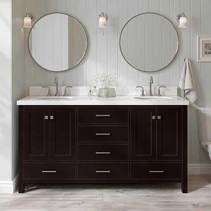 ARIEL Cambridge 66-inch Bathroom Vanity with Sink,Solid Wood, 1.5-inch Pure White Quartz Countertop & Backsplash, Double Oval Porcelain Sink, 4 Soft Closing Doors, 6 Dovetail Drawers, Espresso