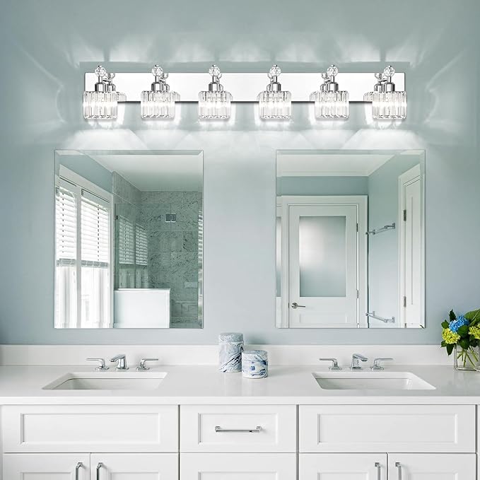 PRESDE 6-Light Crystal Bathroom Lights Fixtures Chrom Modern Wall Lighting Over Mirror