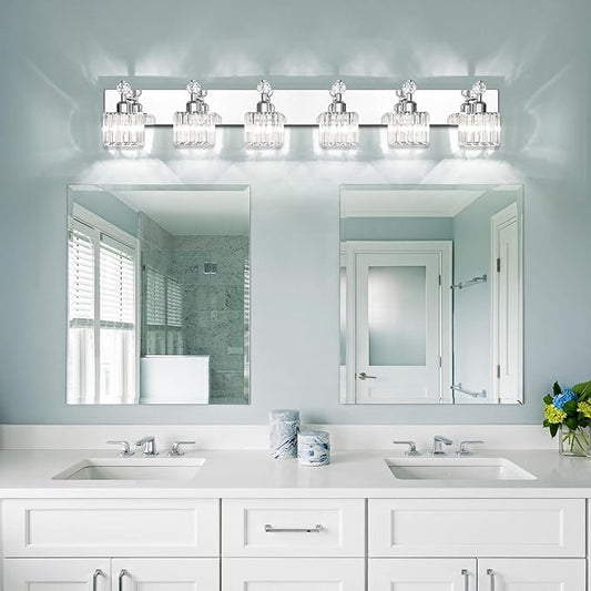 PRESDE 6-Light Crystal Bathroom Lights Fixtures Chrom Modern Wall Lighting Over Mirror