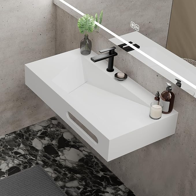 QJ&XY Resin Bathroom Sink 36" Wall Mounted V-Shaped White Basin with Towel Rack, Floating Vanity Sink in Soft-Touch Finish (Single Tier)
