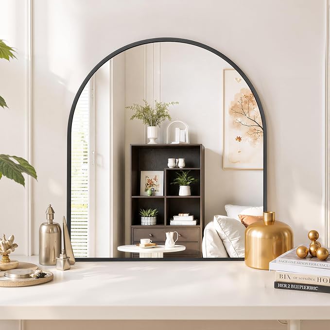 Arched Wall Mirror 32x31 Inch Black Bathroom Vanity Mirror with Metal Frame | Modern Arch Mirror for Bedroom, Living Room, Entryway, Wall Mounted Decorative Mirror